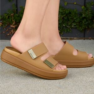 CROCS Tan Mules with Gold Accents